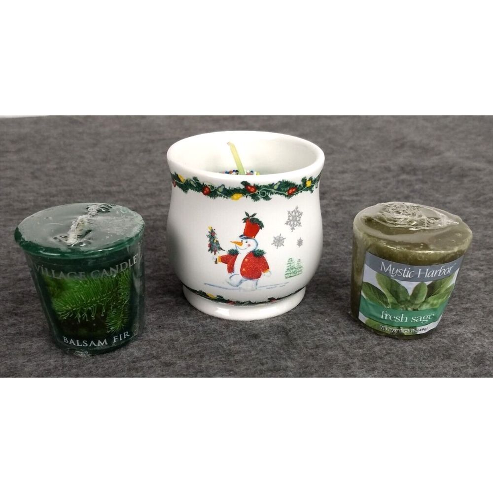 White Barn Candle Co Snowman Christmas Ceramic Holder & 3 Votive Candles NEW